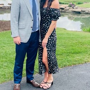 Petal and Pup black and white off the shoulder midi dress with slit